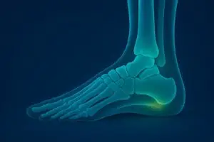 Ilustración 3D de la anatomía del pie con puntos de dolor por fascitis plantar